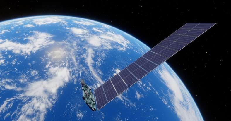 Starlink-Satellit im Weltraum, im Hintergrund ist ein Teil der Erde zu sehen