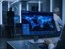 Zu sehen ist ein dunkles Büro, in dem drei Männer an Computern arbeiten. Auf einem der Bildschirme ist eine vernetzte Weltkarte erkennbar.