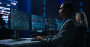 Mann in einem dunklen Raum sitzt vor mehreren Bildschirmen mit bunten Verläufen