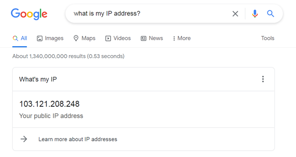 Screenshot der Suche auf der Google-Website, mit der sich die eigene IP-Adresse anzeigen lässt