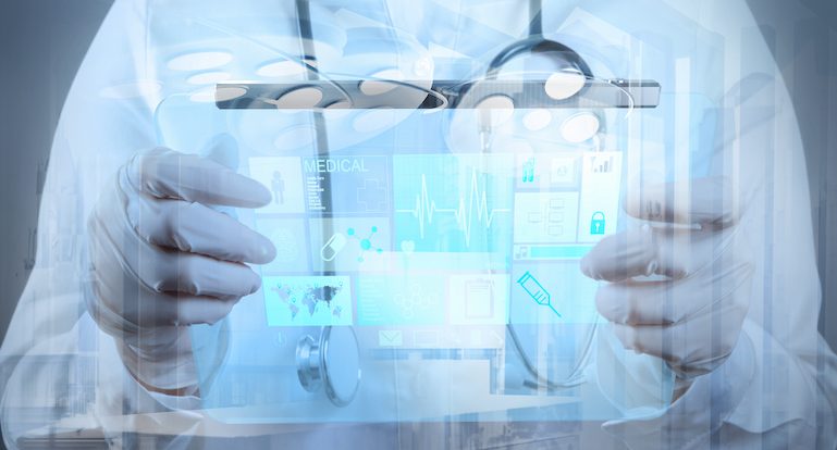 Double exposure of Medicine doctor hand working with modern computer interface as medical concept