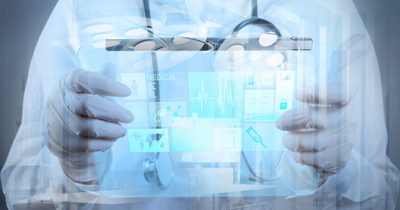 Double exposure of Medicine doctor hand working with modern computer interface as medical concept