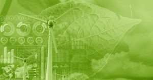 wind turbine overlay with plant leaf and data infographic for eco green energy environmental friendly power technology data science