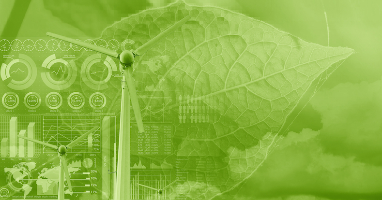 wind turbine overlay with plant leaf and data infographic for eco green energy environmental friendly power technology data science